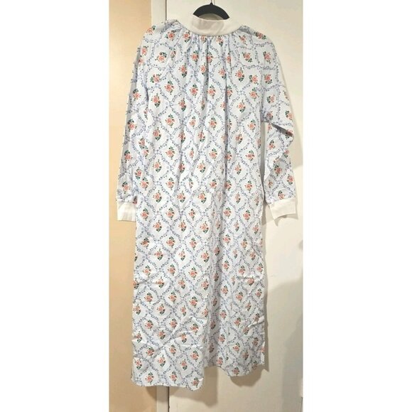 Lanz of Salzburg Red Rose Long Flannel Blue Nightgown Small Cottagecore Floral - Picture 2 of 9